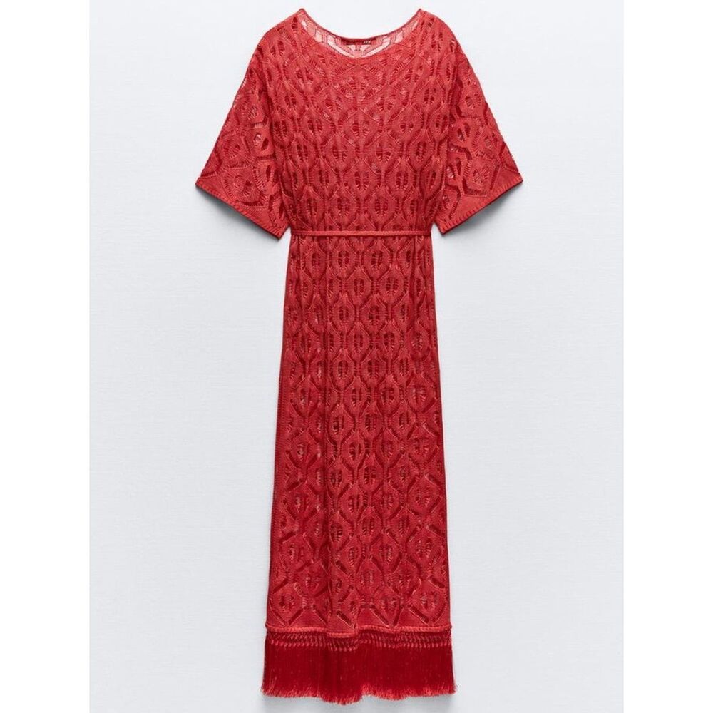 ZARA LONG FRINGED OPEN KNIT TUNIC
RED - Picture 7 of 8